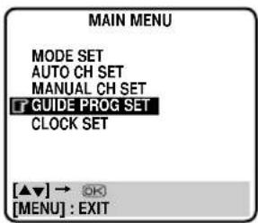 MAIN MENU MODE SET AUTO CH SET MANUAL CH SET GUIDE PROG SET CLOCK SET [▲▼] → OK [MENU] : EXIT