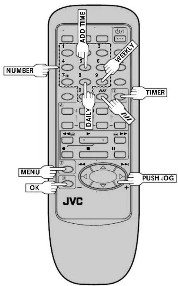 ADD TIME 1 3 4 5 6 7 8 9 0 DAILY 2) TIMER + - + - + - MENU 3 OK JVC + PUSH JOG
