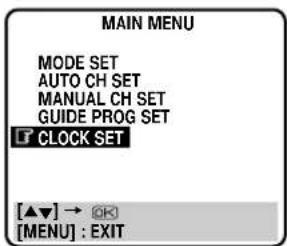 MAIN MENU MODE SET AUTO CH SET MANUAL CH SET GUIDE PROG SET CLOCK SET [▲▼] → OK [MENU] : EXIT