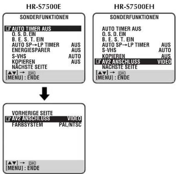 HR-S7500E SONDERFUNKTIONEN AUTO TIMER AUS O. S. D. EIN B. E. S. T. EIN AUTO SP→LP TIMER AUS ENERGIESPARER AUS S-VHS AUTO KOPIEREN AUS NACHSTE SEITE [▲▼] → [OK] [MENU] : ENDE HR-S7500EH SONDERFUNKTIONEN AUTO TIMER AUS O. S. D. EIN B. E. S. T. EIN AUTO SP→LP TIMER AUS S-VHS AUTO KOPIEREN AUS AV2 ANSCHLUSS VIDEO NACHSTE SEITE [▲▼] → [OK] [MENU] : ENDE VORHERIGE SEITE AV2 ANSCHLUSS VIDEO FARBSYSTEM PAL/NTSC [▲▼] → [OK] [MENU] : ENDE
