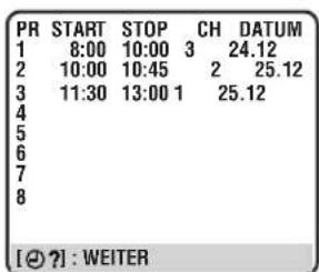 PR START STOP CH DATUM 1 8:00 10:00 3 24.12 2 10:00 10:45 2 25.12 3 11:30 13:00 1 25.12 4 5 6 7 8 [∅ ?] : WEITER