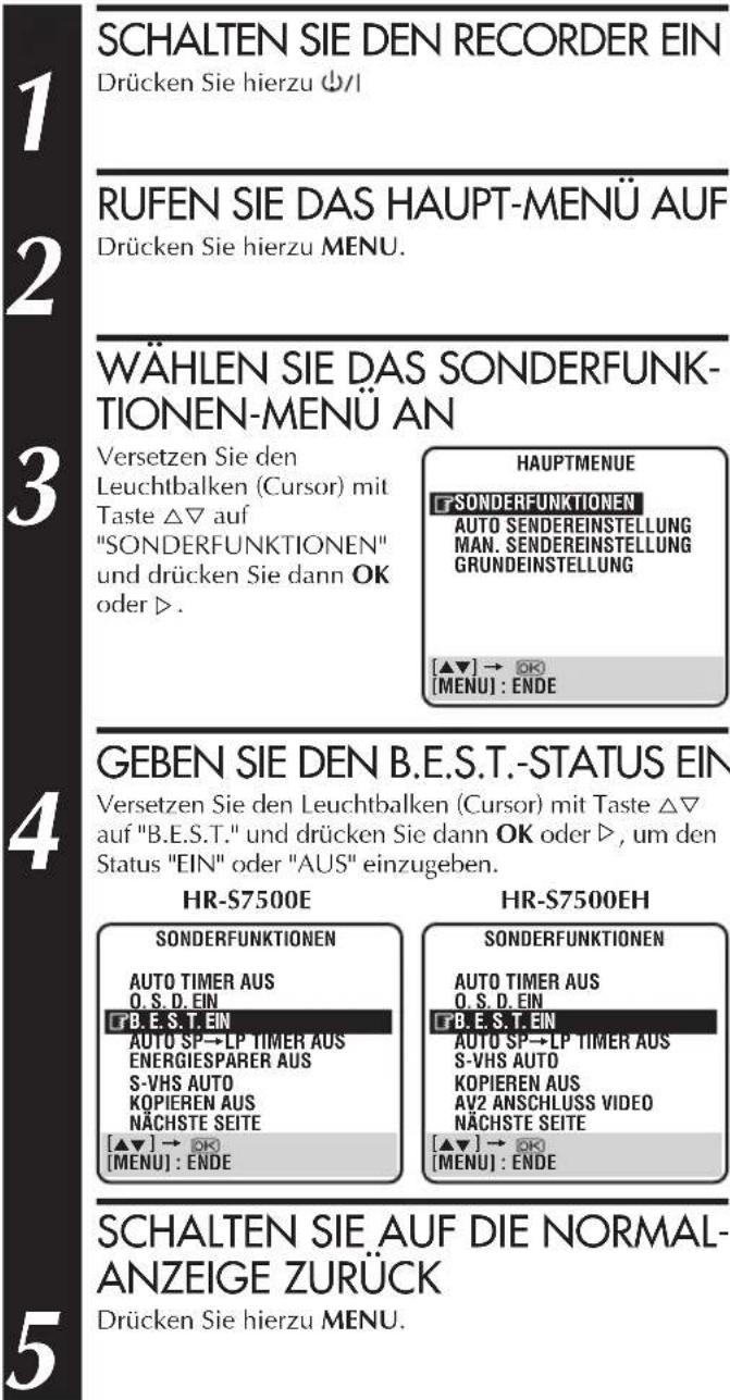SCHALTEN SIE DEN RECORDER EIN Drücken Sie hierzu ⭕/l RUFEN SIE DAS HAUPT-MENU AUF Drücken Sie hierzu MENU. WÄHLEN SIE DAS SONDERFUNK- TIONEN-MENU AN Versetzen Sie den Leuchtbalken (Cursor) mit Taste △▽ auf "SONDERFUNKTIONEN" und drücken Sie dann OK oder ▷. HAUPTMENUE SONDERFUNKTIONEN AUTO SENDEREINSTELLUNG MAN. SENDEREINSTELLUNG GRUNDEINSTELLUNG [▲▼] → [OK] [MENU] : ENDE GEBEN SIE DEN B.E.S.T.-STATUS EIN Versetzen Sie den Leuchtbalken (Cursor) mit Taste △▽ auf "B.E.S.T." und drücken Sie dann OK oder ▷, um den Status "EIN" oder "AUS" einzugeben. HR-S7500E SONDERFUNKTIONEN AUTO TIMER AUS O.S.D.EIN P.B.E.S.T.EIN AUTO SP→LP TIMER AUS ENERGIESPARER AUS S-VHS AUTO KOPIEREN AUS NÄCHSTE SEITE [▲▼] → [OK] [MENU] : ENDE HR-S7500EH SONDERFUNKTIONEN AUTO TIMER AUS O.S.D.EIN P.B.E.S.T.EIN AUTO SP→LP TIMER AUS S-VHS AUTO KOPIEREN AUS AV2 ANSCHLUSS VIDEO NÄCHSTE SEITE [▲▼] → [OK] [MENU] : ENDE SCHALTEN SIE.AUF DIE NORMAL- ANZEIGE ZURÜCK Drücken Sie hierzu MENU.