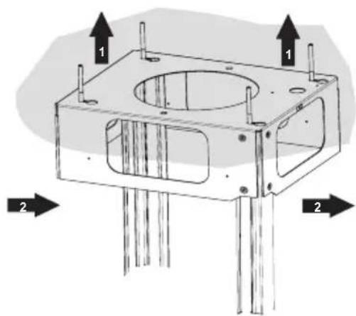 Technical diagram of a mechanical component with labeled parts and directional arrows indicating assembly or movement.