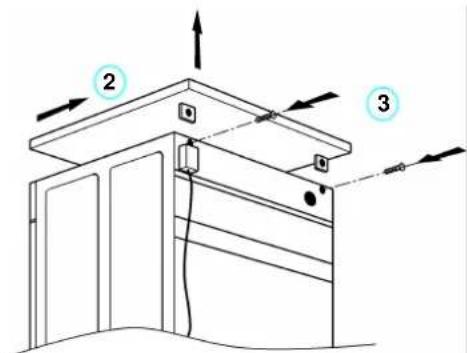 Diagram of a door assembly with numbered components and directional arrows indicating motion or force directions.