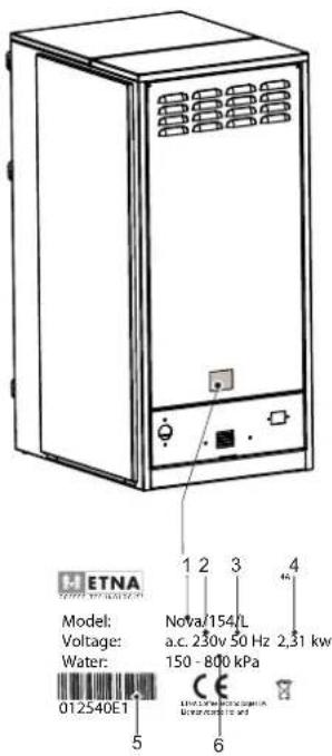 ETNA Model: Voltage: Water: 012540E1 1 2 3 4 Nova/154/L a.c. 230v 50 Hz 2,31 kw 150 - 800 kPa 5 6