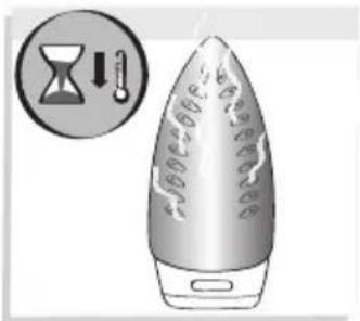Illustration of a steamer with an hourglass icon and warning symbol (no text or labels)