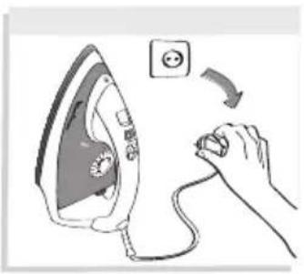 Illustration of a hand using a power cord to press down an iron, with a wall socket and switch symbol (no text or labels)
