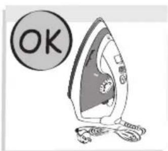 Illustration of a steam iron with a 'OK' button, no text or symbols on the iron itself