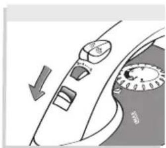 Diagram showing a car's side profile with directional arrows and a speedometer (no text or symbols)
