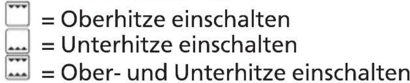 = Oberhitze einschalten = Unterhitze einschalten = Ober- und Unterhitze einschalten