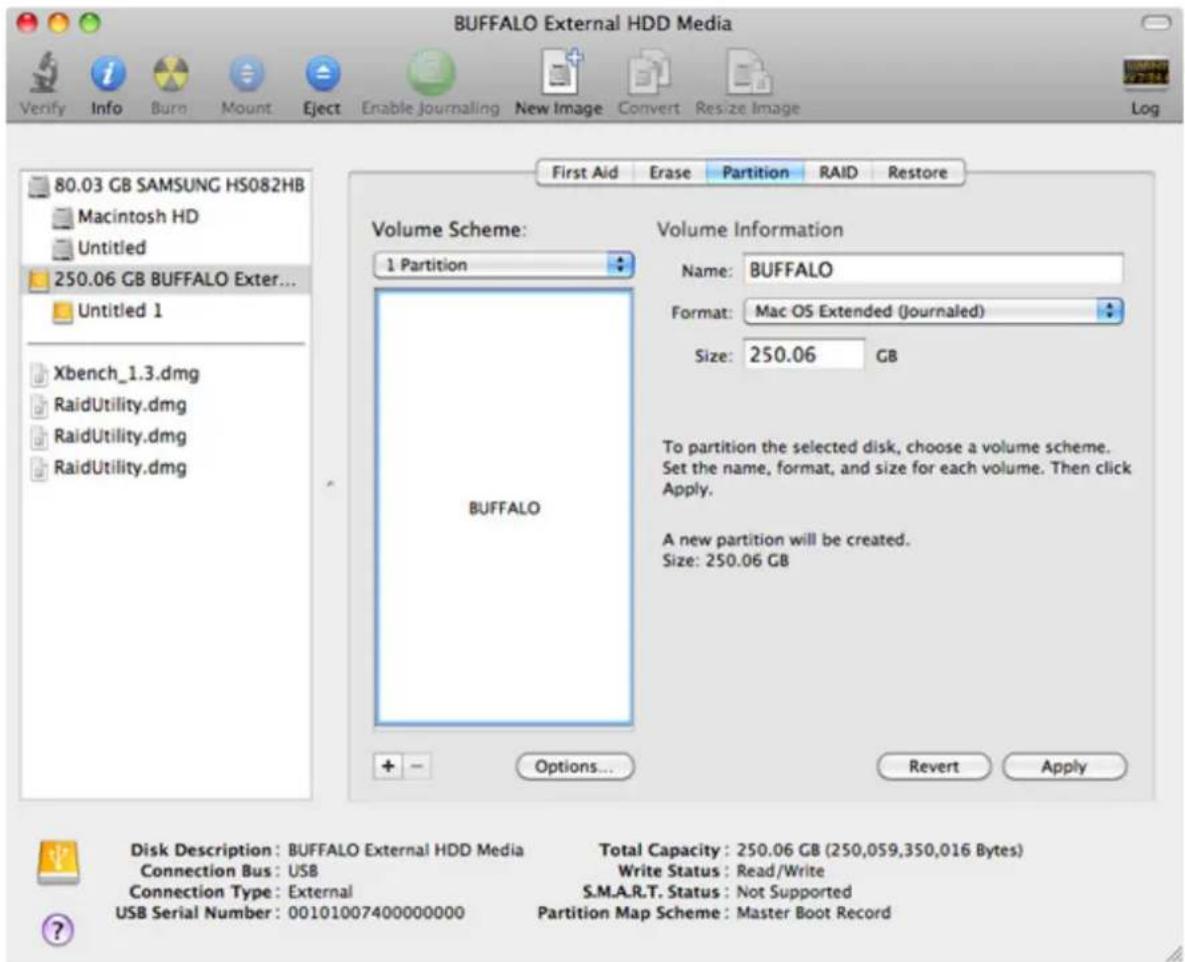 BUFFALO External HDD Media 80.03 GB SAMSUNG HS082HB Macintosh HD Untitled 250.06 GB BUFFALO Exter... Untitled 1 Xbench_1.3.dmg RaidUtility.dmg RaidUtility.dmg RaidUtility.dmg First Aid Erase Partition RAID Restore Volume Scheme: 1 Partition BUFFALO Volume Information Name: BUFFALO Format: Mac OS Ext…