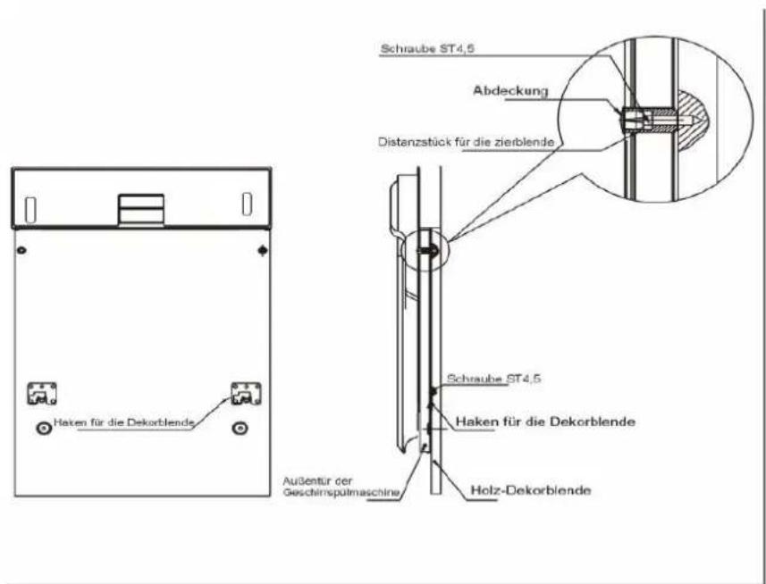 Schraube ST4,5 Abdeckung Distanztück für die zierblende Haken für die Dekorblende Schraube ST4,5 Haken für die Dekorblende Holz-Dekorblende Außentür der Geschirrspülmaschine