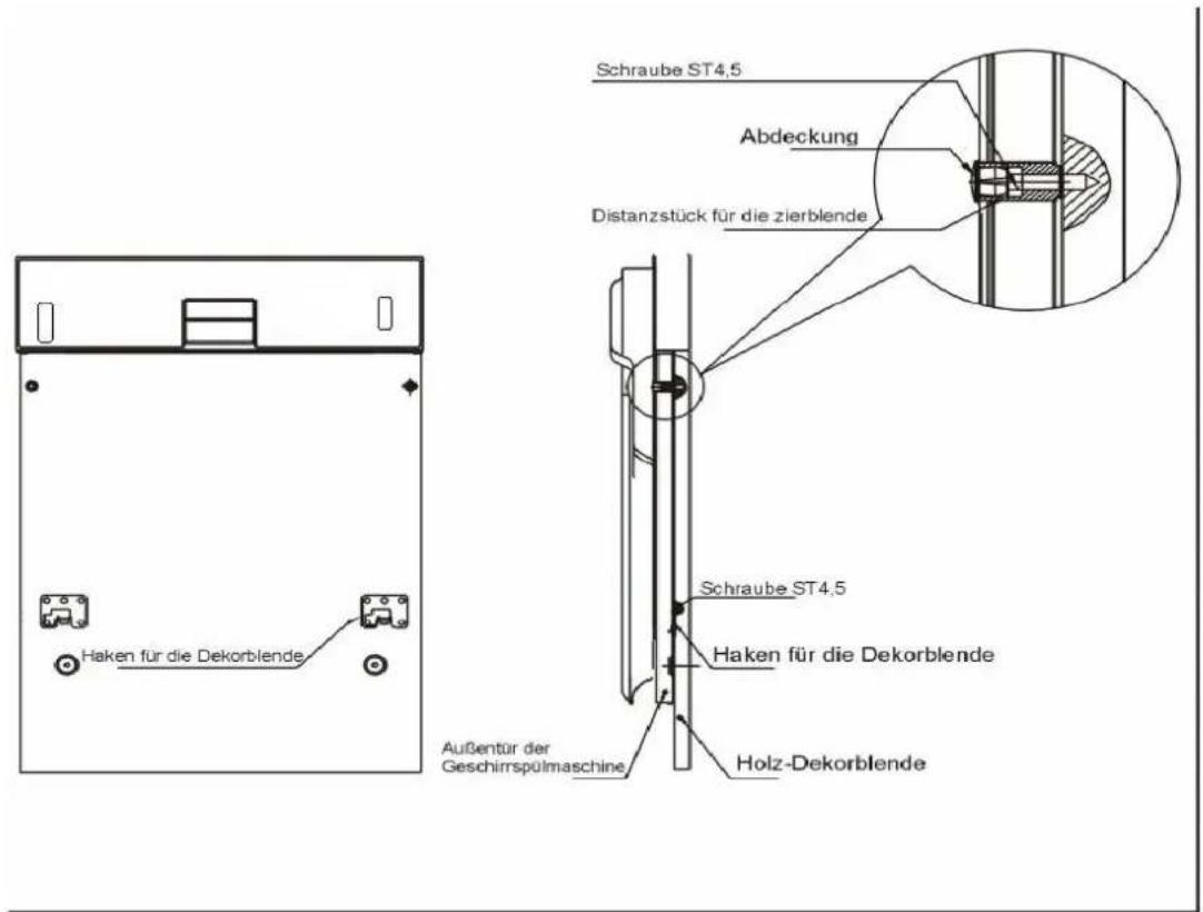 Schraube ST4.5 Abdeckung Distanztück für die zierblende Haken für die Dekorblende Schraube ST4.5 Haken für die Dekorblende Holz-Dekorblende Außentür der Geschirrspülmaschine