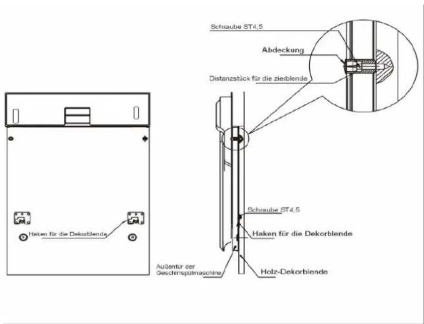 Schraube ST4,5 Abdeckung Distanztück für die zierblende Haken für die Dekorblende Schraube ST4,5 Haken für die Dekorblende Holz-Dekorblende Außentür der Geschirrspalmaschine