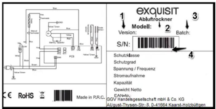 EXQUISIT Abluftrockner Modell: 2 Batch: S/N: Schutzklasse Schutzgrad Spannung / Frequenz Stromaufnahme Kapazität Gewicht Netto EAN-Nr. GGV Handelsgesellschaft mbH & Co. KG AUugust-Thysen-Str-8, D-41664 Kaarst-Holzbüttgen Made in P.R.C.