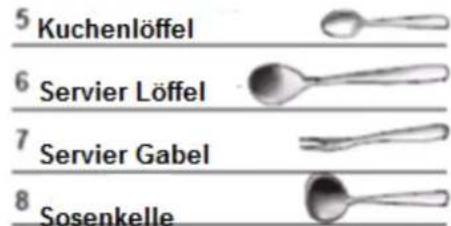 5 Kuchenlöffel 6 Servier Löffel 7 Servier Gabel 8 Sosenkelle