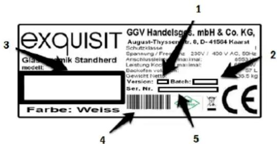exquisit GGV Handelsges. mbH & Co. KG, August-Thyssensstr. 8, D-41564 Kaarat Schutzklasse Spannung / Frequenz: 230V / 400 V AG, 50Hz Anschlusssteuer maximal: 4553 kg Leistung Kocci maximal: 57 L Backofen volat: 57 L Gewicht Nette: 35,5 kg Version: Batch: Ser. Nr. Farbe: Weiss CE 4 5