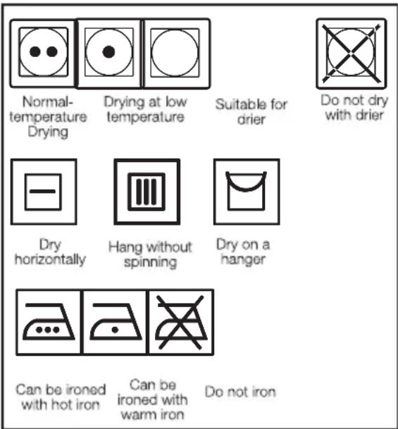 Normal- temperature Drying Drying at low temperature Suitable for drier Do not dry with drier Dry horizontally Hang without spinning Dry on a hanger Can be ironed with hot iron Can be ironed with warm iron Do not iron