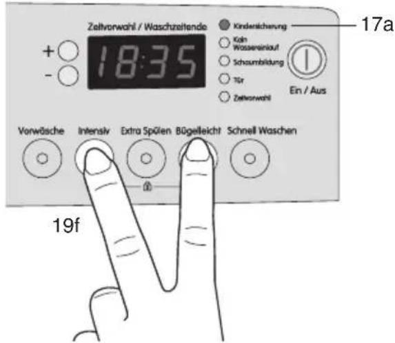 Zeltvorwahl / Waschzeitende + ○ 18:35 - ○ Kindersicherung ○ Köln Wassereinlauf ○ Schaumbildung ○ Tör ○ Zeltvorwahl Ein / Aus Vorwäsche Intensiv Extra Spülen Bügelicht Schnell Waschen 19f 17a