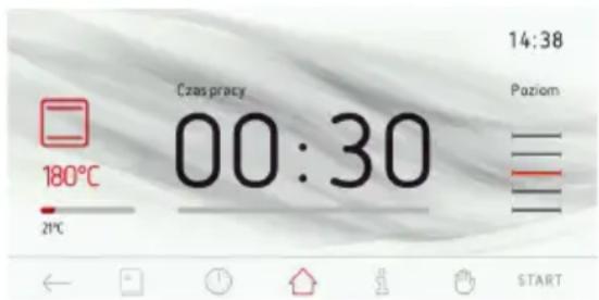 Czas pracy 00:30 14:38 Paziom 180°C 21°C START