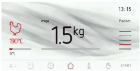 waga 190°C 22°C 1.5kg 13:15 Paziom START