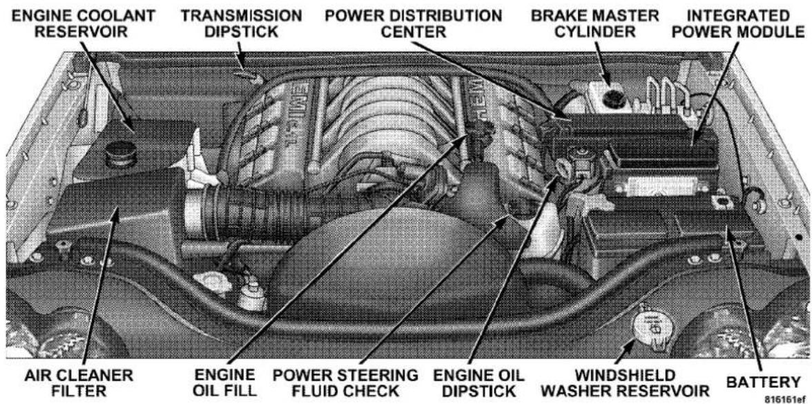 ENGINE COOLANT RESERVOIR TRANSMISSION DIPSTICK POWER DISTRIBUTION CENTER BRAKE MASTER CYLINDER INTEGRATED POWER MODULE AIR CLEANER FILTER ENGINE OIL FILL POWER STEERING FLUID CHECK ENGINE OIL DIPSTICK WINDSHIELD WASHER RESERVOIR BATTERY 816161ef