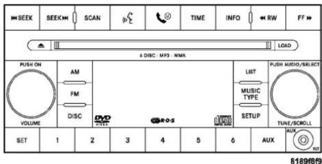 SEEK SEEK SCAN TIME INFO RW FF 6 DISC - MP3 - WMA PUSH ON AM FM DISC LIST MUSIC TYPE SETUP TUNE/SCROLL VOLUME DV R-D-S AUX 1 2 3 4 5 6 8189889