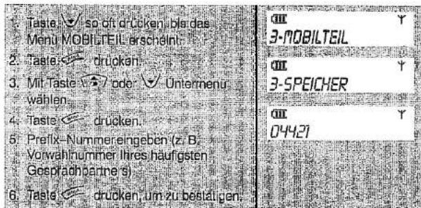 Taste √ so oft drucken ple das Menu MOBILTEIL erschämt 2. Taste ← drucken 3. Mit Taste ↗ oder √ Untermenu wahlen 4. Taste ← drucken. 5. Prefix-Nummerengeben (z/B Vorwahnummer Ihres häufigsten Gesprachpartner 3) 6. Taste ← drucken um zu bestätigen.