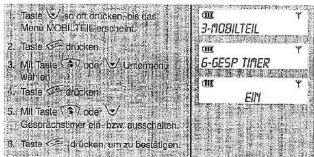 1. Taste √ so oft drücken bis das Menu MOBILTEIL erscheint. 2. Taste ☑ drücken 3. Mit Taste ☑ oder √ Untemenu wahlen 4. Taste ☑ drücken 5. Mit Taste ☑ oder √ Gesprächstimer ein- bzw. ausschalten. 6. Taste ☑ drücken um zu bestätigen.