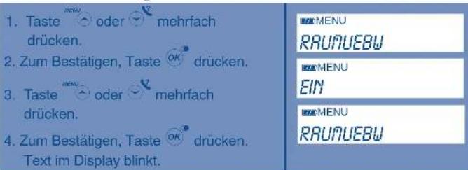 1. Taste 🔥 oder 🔥 mehrfach drücken. 2. Zum Bestätigen, Taste OK 🔥 drücken. 3. Taste 🔥 oder 🔥 mehrfach drücken. 4. Zum Bestätigen, Taste OK 🔥 drücken. Text im Display blinkt.