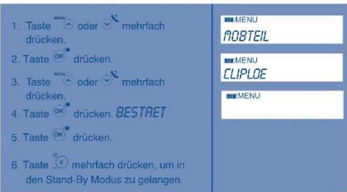 1. Taste MENU oder mehrfach drücken. 2. Taste OK drücken. 3. Taste MENU oder mehrfach drücken. 4. Taste OK drücken. BESTRET 5. Taste OK drücken. 6. Taste € mehrfach drücken, um in den Stand-By Modus zu gelangen.