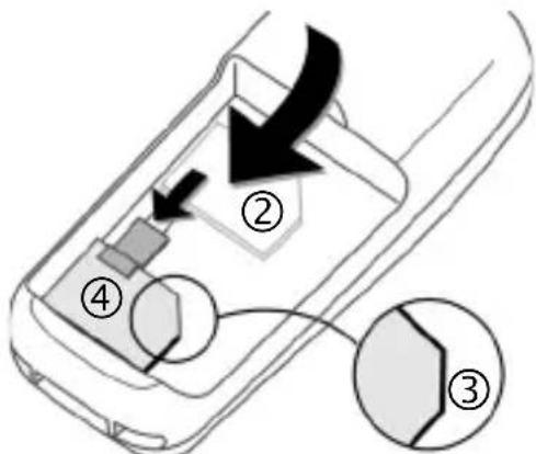 Diagram of a mobile phone's internal components with numbered parts and directional arrows indicating movement or insertion.