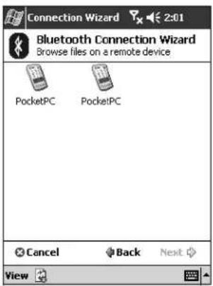 Connection Wizard Bluetooth Connection Wizard Browse files on a remote device PocketPC PocketPC Cancel Back Next View