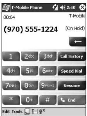 T-Mobile Phone 00:04 (970) 555-1224 T-Mobile (On Hold) 1 2abc 3def Call History 4ghi 5jkl 6mno Speed Dial 7pqra 8turv 9wxyz Resume * 0+ # End Edit Tools