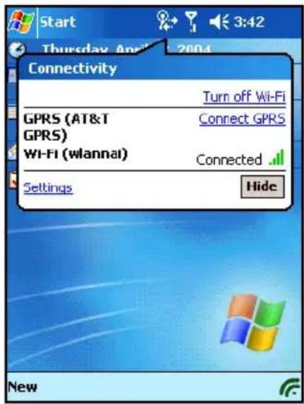 Start Thursday April 2004 Connectivity Turn off Wi-Fi GPRS (AT&T GPRS) Connect GPRS Wi-Fi (wlannai) Connected Settings Hide New