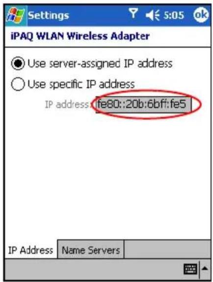 iPAQ WLAN Wireless Adapter Use server-assigned IP address Use specific IP address IP address: fe80::20b:6bff:fe5 IP Address Name Servers