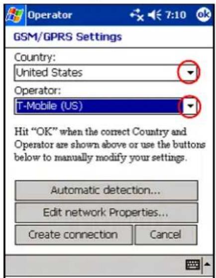 Operator GSM/GPRS Settings Country: United States Operator: T-Mobile (US) Hit "OK" when the correct Country and Operator are shown above or use the buttons below to manually modify your settings. Automatic detection... Edit network Properties... Create connection Cancel