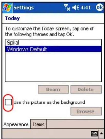 Settings 4:41 ok Today To customize the Today screen, tap one of the following themes and tap OK. Spiral Windows Default Beam Delete Use this picture as the background Browse Appearance Items