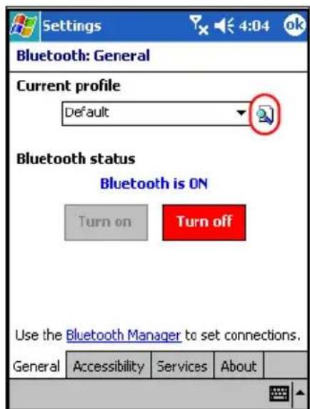 Settings Bluetooth: General Current profile Default Bluetooth status Bluetooth is ON Turn on Turn off Use the Bluetooth Manager to set connections. General Accessibility Services About