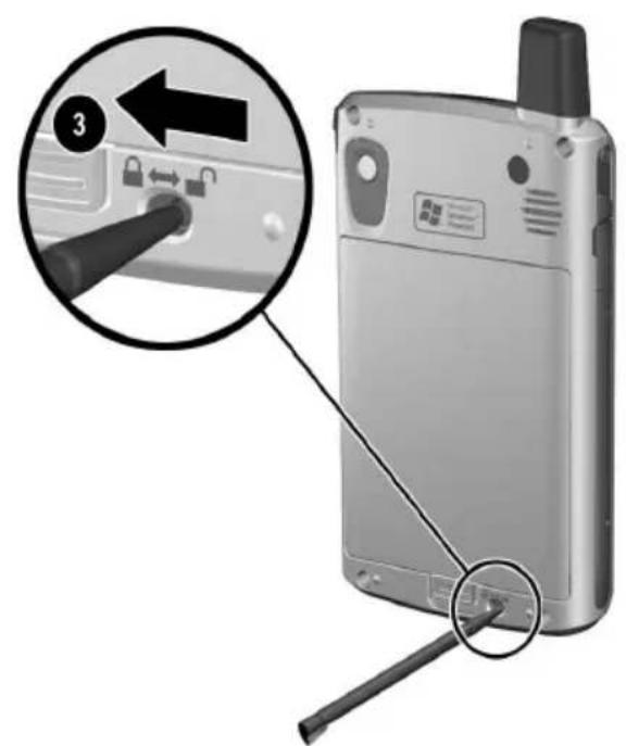 Diagram showing a mobile phone with a switch and key inserted, highlighting a key switch labeled '3' and pointing to the main interface.