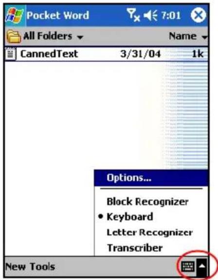 Pocket Word All Folders CannedText 3/31/04 1k Options... Block Recognizer • Keyboard Letter Recognizer Transcriber New Tools