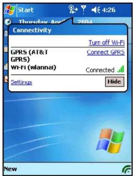 Start Thursday April 2004 Connectivity Turn off Wi-Fi GPRS (AT&T GPRS) Connect GPRS Wi-Fi (wlannai) Connected Settings Hide New