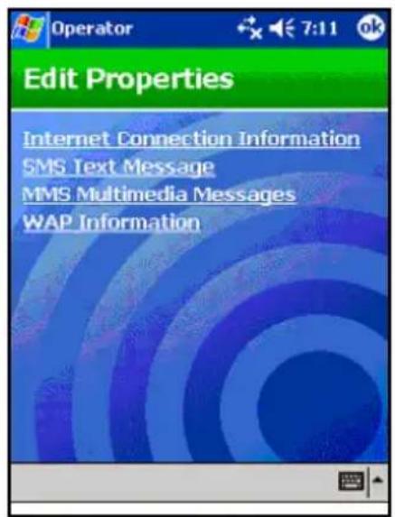 Operator Edit Properties Internet Connection Information SMS Text Message MMS Multimedia Messages WAP Information