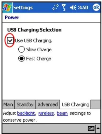 Settings Power USB Charging Selection ✓ Use USB Charging. ○ Slow Charge ● Fast Charge Main Standby Advanced USB Charging Adjust backlight, wireless, beam settings to conserve power.
