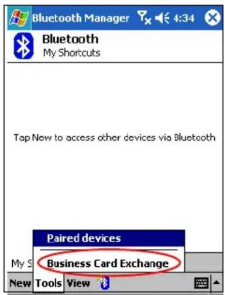 Bluetooth Manager Bluetooth My Shortcuts Tap New to access other devices via Bluetooth Paired devices Business Card Exchange My S New Tools View