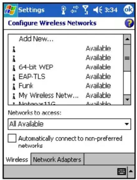 Configure Wireless Networks Add New... Available Available 64-bit WEP Available EAP-TLS Available Funk Available My Wireless Netw... Available Notgear11G Available Networks to access: All Available Automatically connect to non-preferred networks Wireless Network Adapters