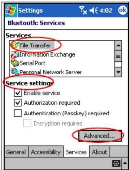 Settings Bluetooth: Services Services File Transfer Information Exchange Serial Port Personal Network Server Service settings Enable service Authorization required Authentication (Passkey) required Encryption required Advanced... General Accessibility Services About