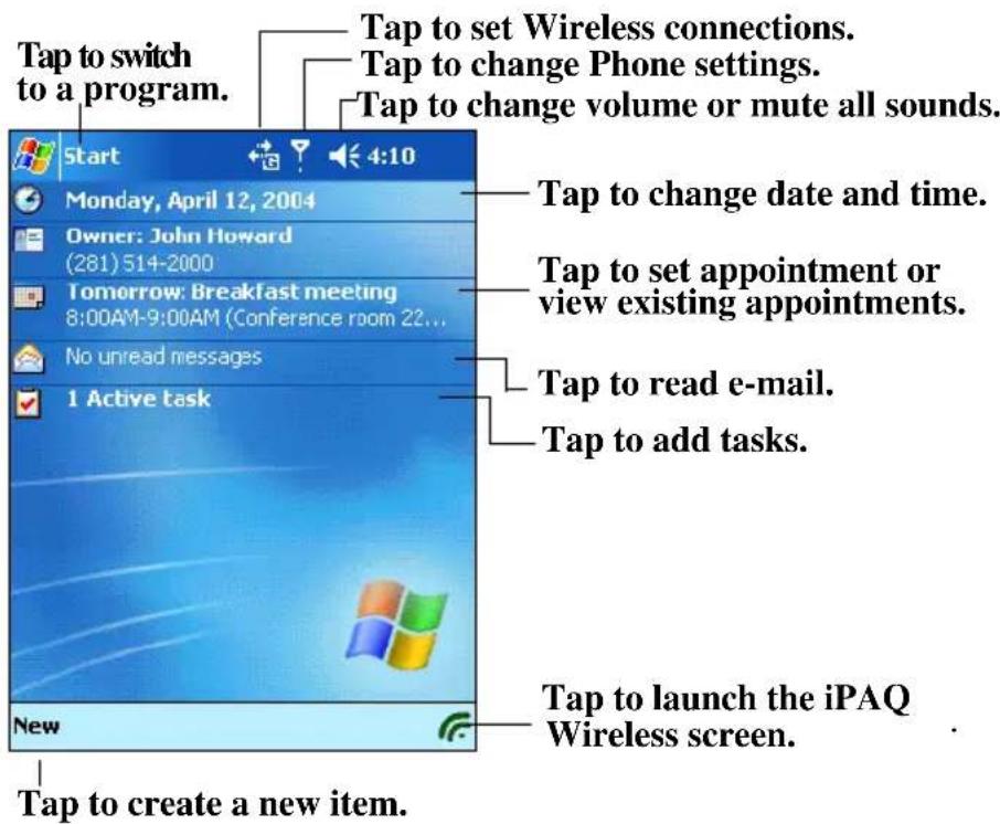 Tap to switch to a program. Start 4:10 Monday, April 12, 2004 Owner: John Howard (281) 514-2000 Tomorrow: Breakfast meeting 8:00AM-9:00AM (Conference room 22... No unread messages 1 Active task New Tap to set Wireless connections. Tap to change Phone settings. Tap to change volume or mute all sounds. Tap to change date and time. Tap to set appointment or view existing appointments. Tap to read e-mail. Tap to add tasks. Tap to launch the iPAQ Wireless screen. Tap to create a new item.