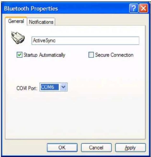 Bluetooth Properties General Notifications ActiveSync ✓ Startup Automatically ☐ Secure Connection COM Port: COM6 OK Cancel Apply