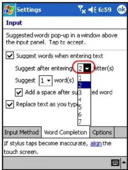 Settings 6:59 ok Input Suggested words pop-up in a window above the input panel. Tap to accept. ✓ Suggest words when entering text Suggest after entering 2 letter(s) 1 2 ✓ Add a space after such 3 set word ✓ Replace text as you type 4 5 6 7 Input Method Word Completion Options If stylus taps become inaccurate, align the touch screen.